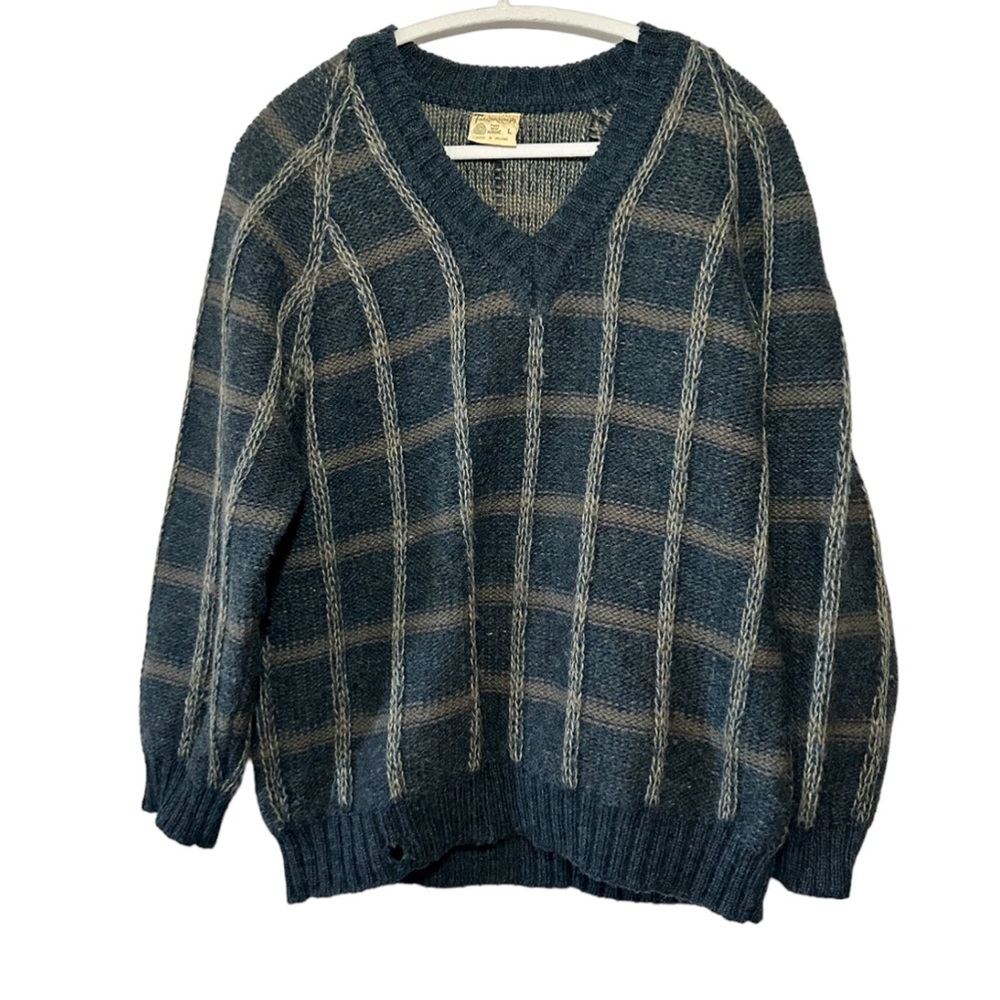 Falcarragh Men’s Fisherman Large Pure Wool Ireland Plaid Sweater- Size Large